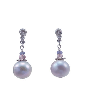 Pearl earrings tanzanite and pink quartz. Modern pearl jewelry by Jewelry Olga Montreal Canada