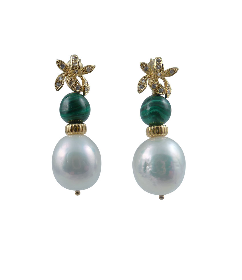 Malachite designer pearl earrings with colorful accents