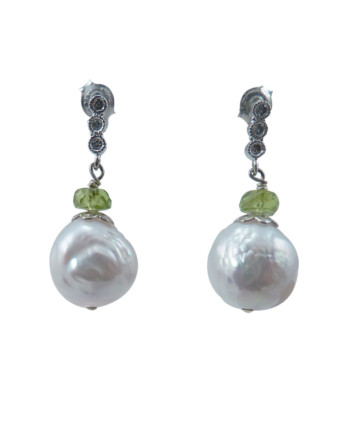 White pearl earrings Chinese Kasumi pearls with green peridot designed and created by Jewelry Olga Montreal Canada