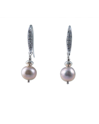 Dangling pink pearl earrings designed and created by Jewelry Olga Montreal Canada
