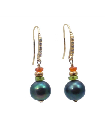 Black pearl earrings peridot, agate as color accent. Great jewelry accessory for modern stylish women Designed and created by Jewelry Olga Montreal Canada