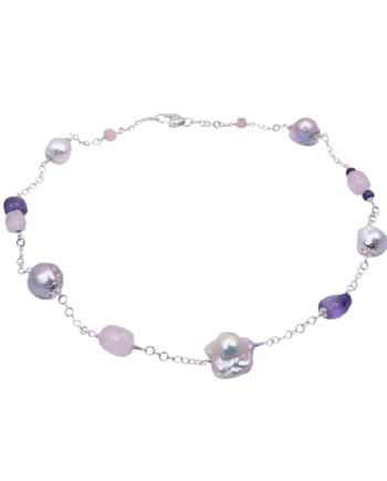 Station pearl necklace amethyst, pink quartz. Modern pearl jewelry by Jewelry Olga Montreal Canada