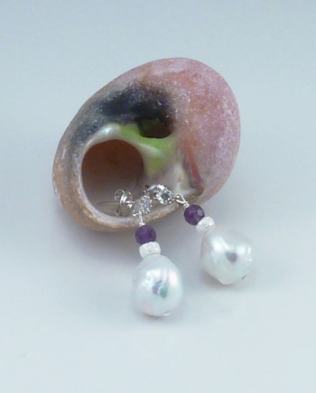 Pearl earrings dark purple amethyst. Baroque pearl jewelry by Jewelry Olga Montreal Canada