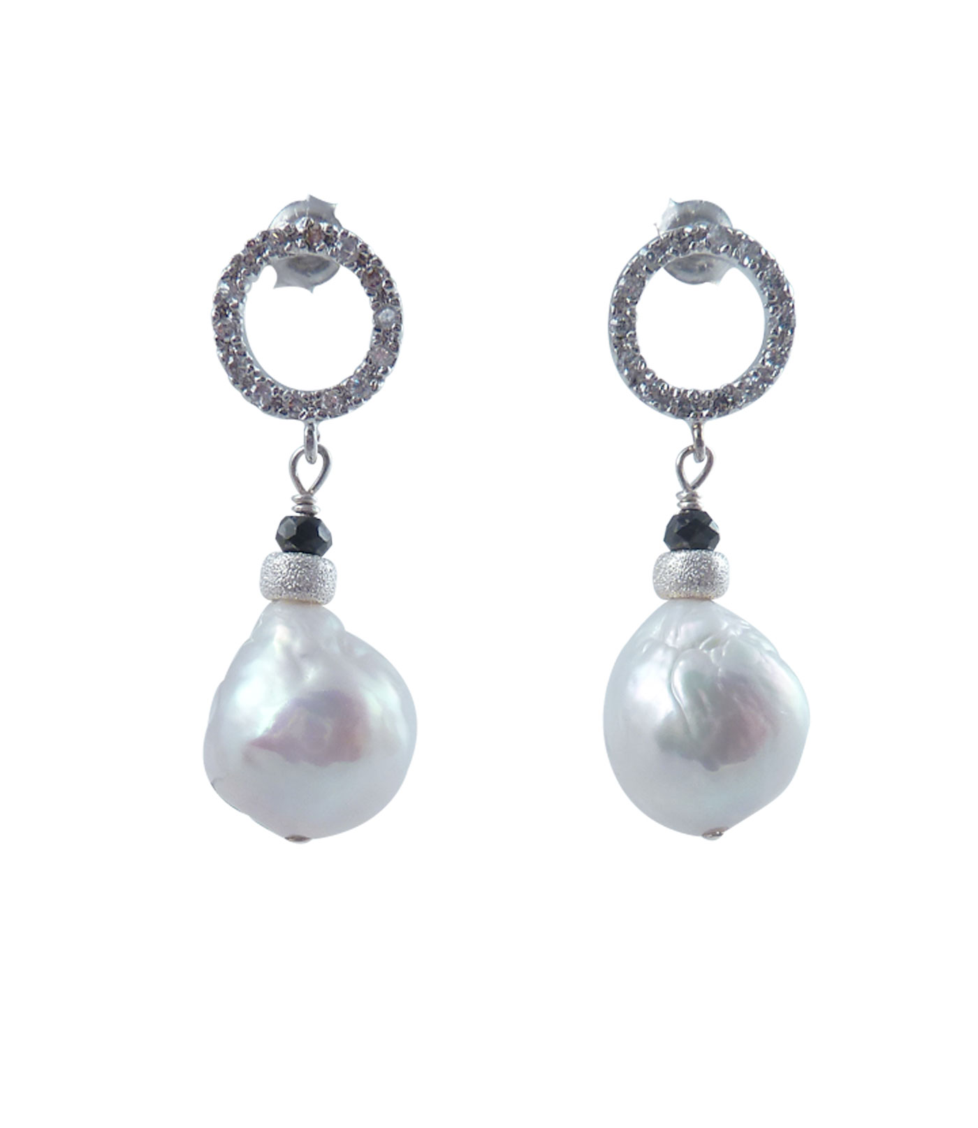 Pearl earrings black spinel . White pearl jewelry features ripple pearls
