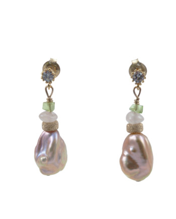 Pearl earrings keshi pearls , peridot and pink quartz. Modern pearl jewelry by Jewelry Olga Montreal Canada