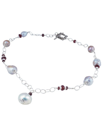 Station pearl necklace garnet as accent. Modern pearl jewelry by Jewelry Olga Montreal Canada