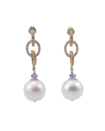 Designer pearl earrings white pearls and tanzanite. Modern pearl jewelry by Jewelry Olga Montreal Canada