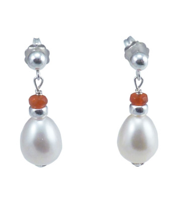 Pearl earrings orange agate and white pearls. Modern pearl jewelry by Jewelry Olga Montreal Canada