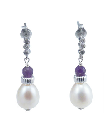 Pearl earrings amethyst, white drop- shaped pearls. Modern pearl jewelry by Jewelry Olga Montreal Canada