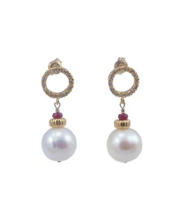 Pearl earrings white pearls, ruby. Modern pearl jewelry by Jewelry Olga Montreal Canada