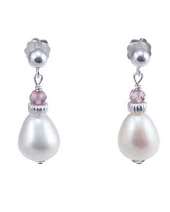 Designer pearl earrings, pink quartz by Jewelry Olga Montreal