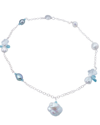 Fancy station pearl necklace with apatite. Modern pearl jewelry by Jewelry Olga Montreal Canada