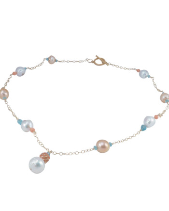 Station pearl necklace apatite and pink coral. Modern pearl jewelry by Jewelry Olga Montreal Canada