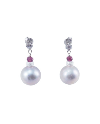 Designer pearl earrings grey pearls, garnet. Modern pearl jewelry by Jewelry Olga Montreal Canada