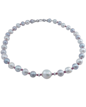 Designer pearl necklace grey and white pearls. Modern pearl jewelry by Jewelry Olga Montreal Canada