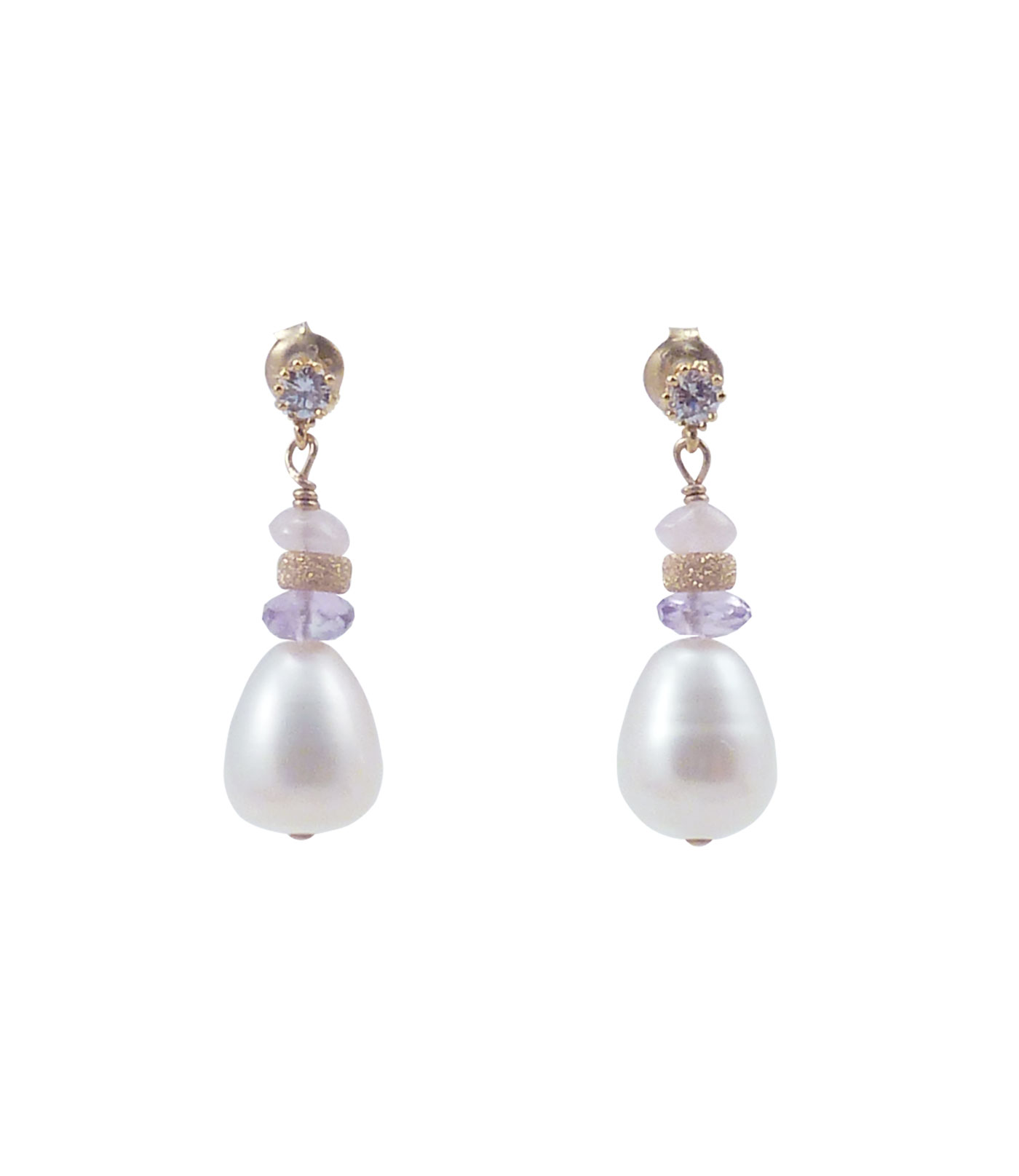 Designer pearl earrings, amethyst, drop-shaped pearls and pink quartz