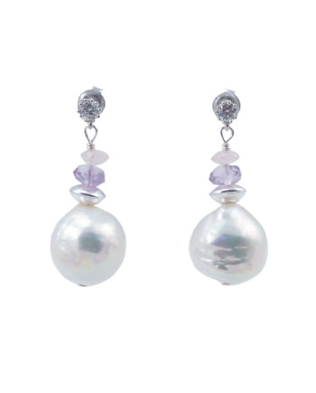 Pearl earrings white Chinese Kasumi pearls. Modern pearl jewelry by Jewelry Olga Montreal Canada