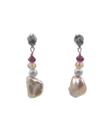 Keshi pearls earrings, carnelian, garnet as colored accents. Modern pearl jewelry by Jewelry Olga Montreal Canada