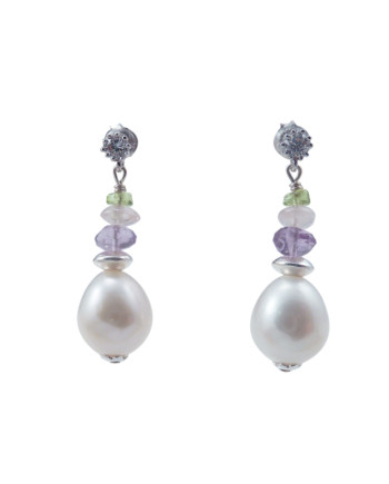 Pearl earrings colored gems. We used amethyst, peridot, pink quartz. Modern pearl jewelry by Jewelry Olga Montreal Canada