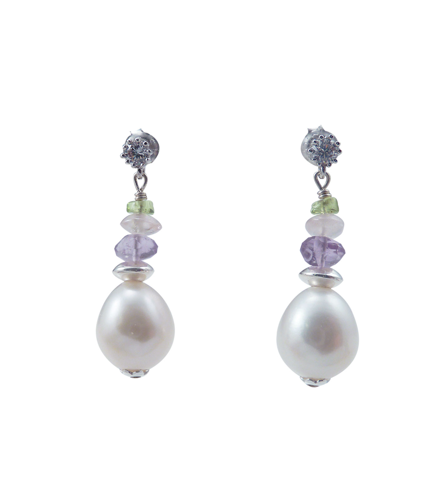 Pearl earrings colored gems. Modern pearl jewelry