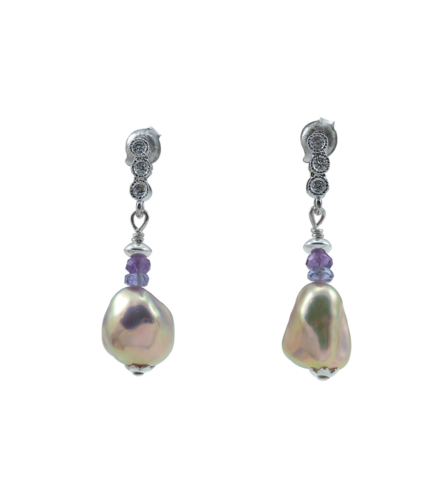 Designer pearl earrings, bronze-pinkish keshi pearls |Pearl Jewelry Expert