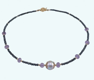 Designer pearl jewelry with amethyst created by Jewelry Olga Montreal Canada