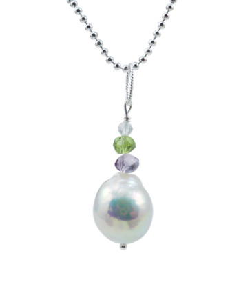 Designer pearl pendant amethyst, peridot, rock quartz accents by Jewelry Olga Montreal Canada