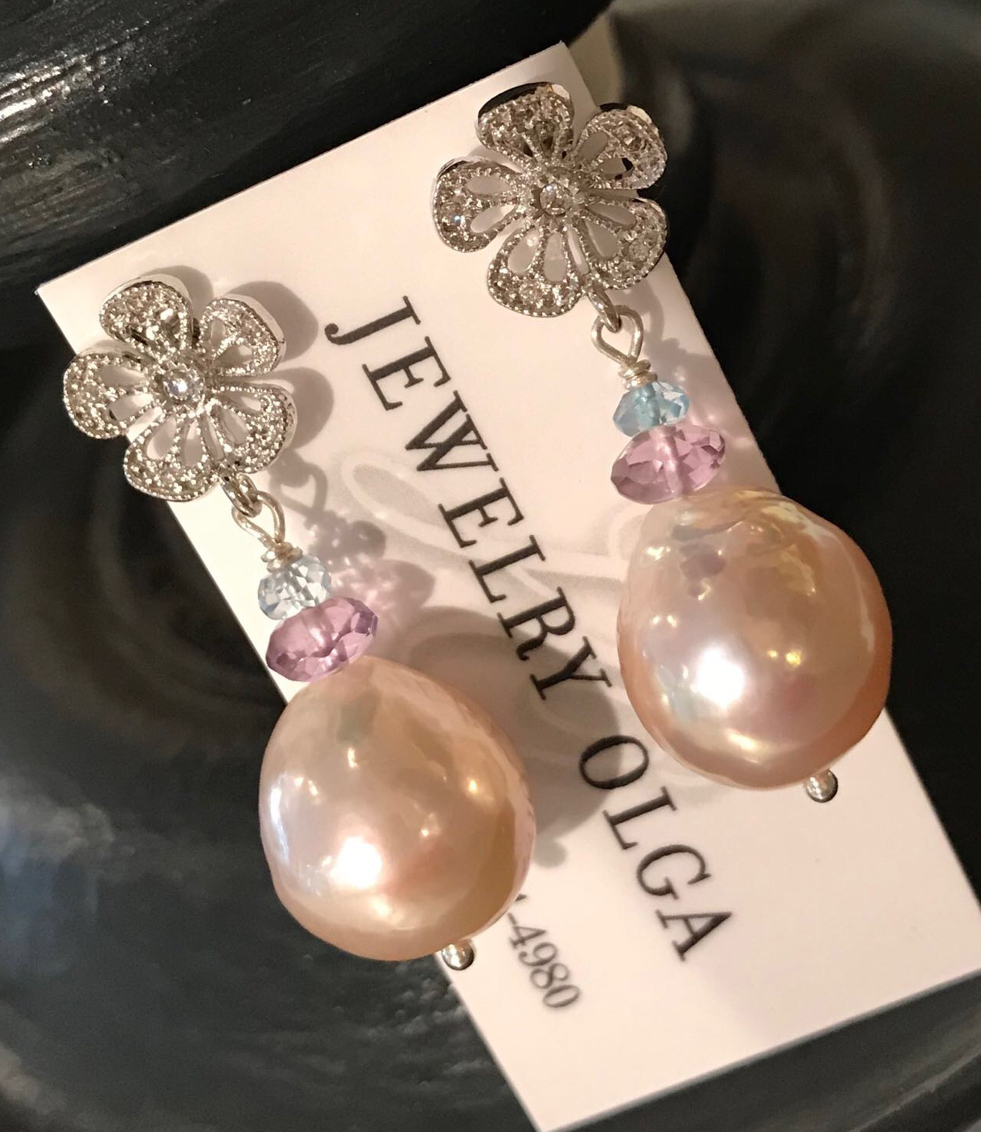 Designer pearl earrings blue topaz, amethyst. Modern pearl jewelry
