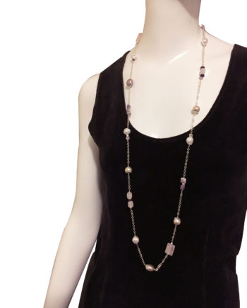 Long pearl necklace amethyst and pink quartz. Modern pearl jewelry by Jewelry Olga Montreal Canada