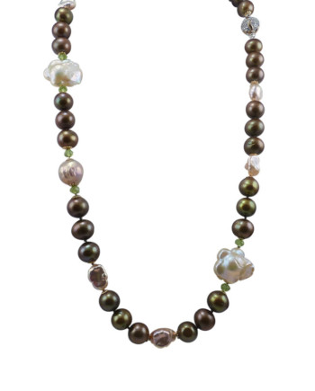 Olive-green designer pearl necklace. Modern pearl jewelry by Jewelry Olga Montreal Canada