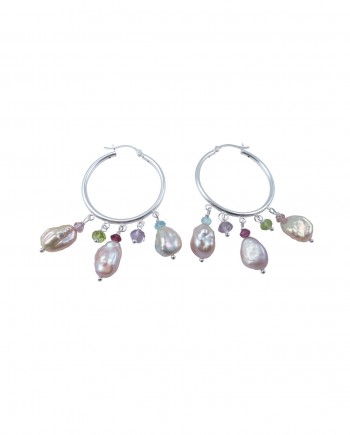 Trendy fringe hoop earrings with multicolored keshi pearls by Jewelry Olga Montreal Canada