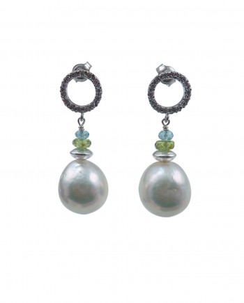 Designer pearl earrings apatite and peridot as colored accents. Modern pearl jewelry by Jewelry Olga Montreal Canada