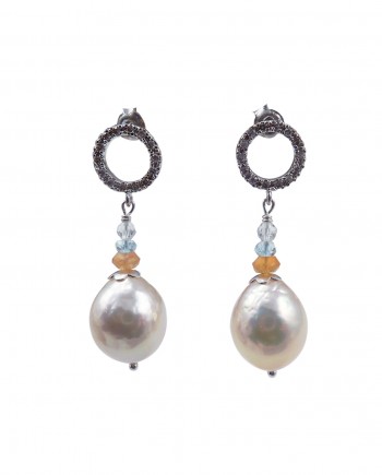Designer pearl earrings, blue topaz by Jewelry Olga Montreal Canada