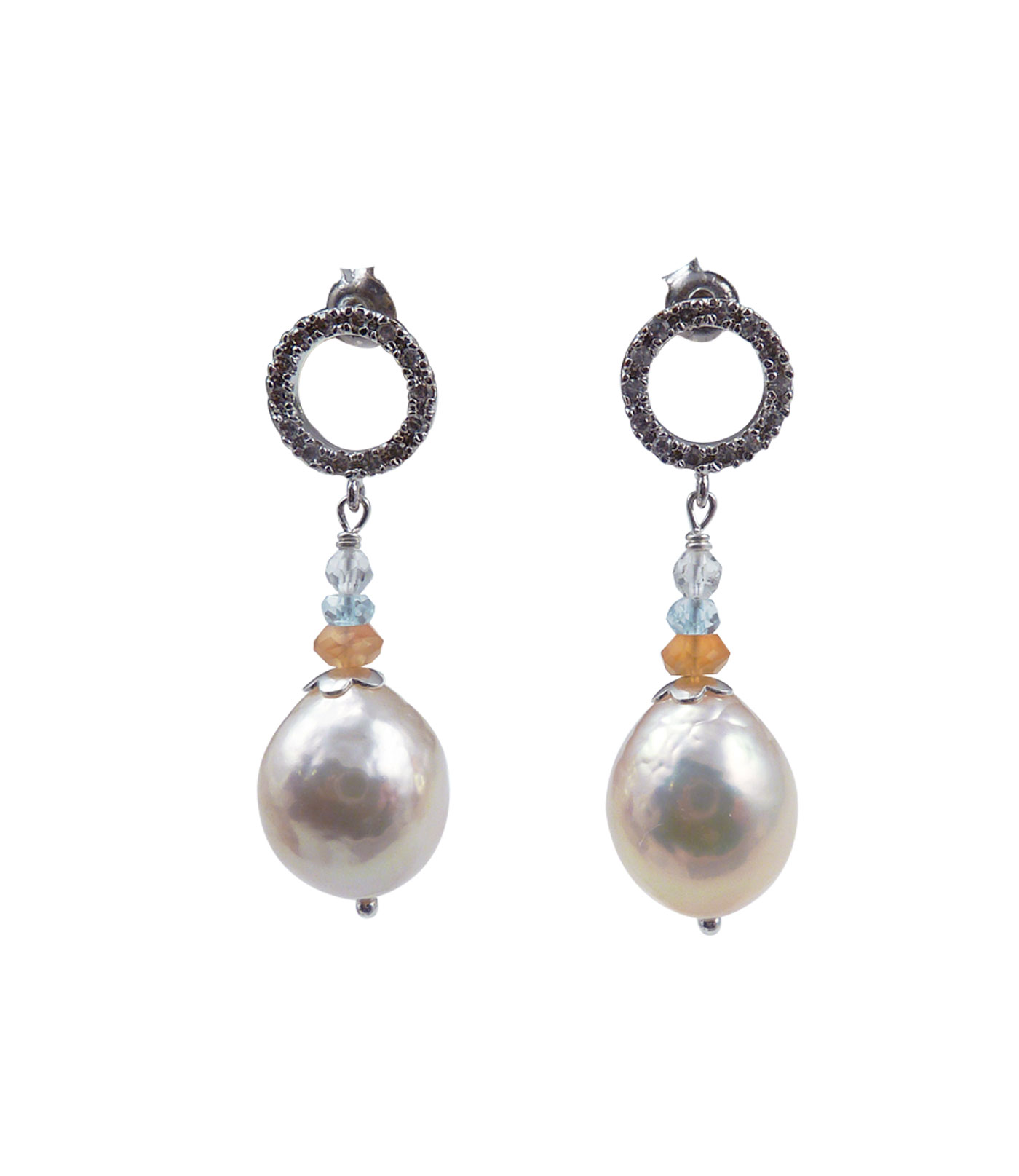 Designer pearl earrings blue topaz. Modern pearl jewelry
