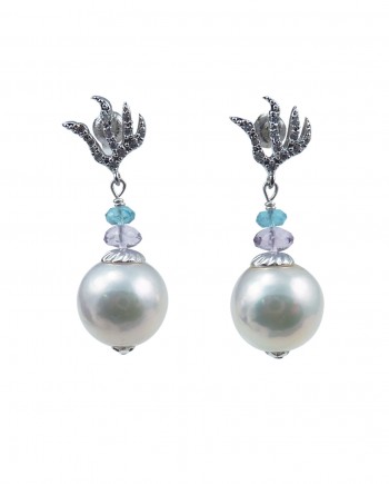 Designer pearl earrings, flame setting by Jewelry Olga Montreal Canada