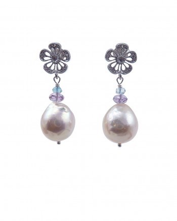 Designer pearl earrings, blue topaz, amethyst by Jewelry Olga Montreal Canada