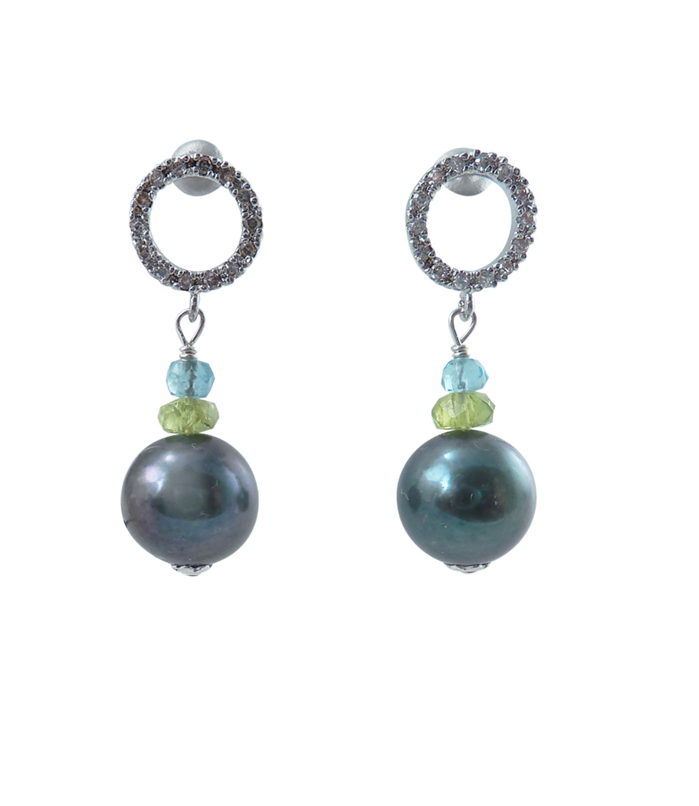 Designer pearl earrings apatite black pearls and peridot