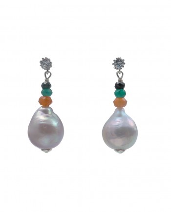 Pearl earrings carnelian and Chinese Kasumi pearls. Modern pearl jewelry by Jewelry Olga Montreal Canada
