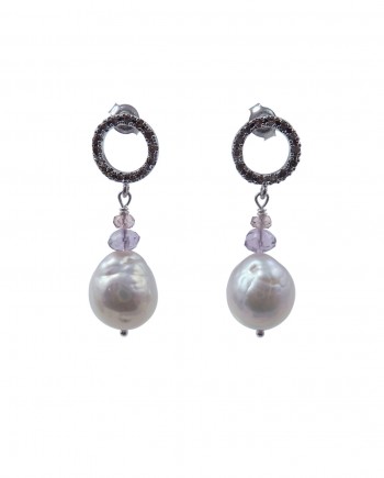 White designer pearl earrings, amethyst, pink quartz by Jewelry Olga Montreal Canada