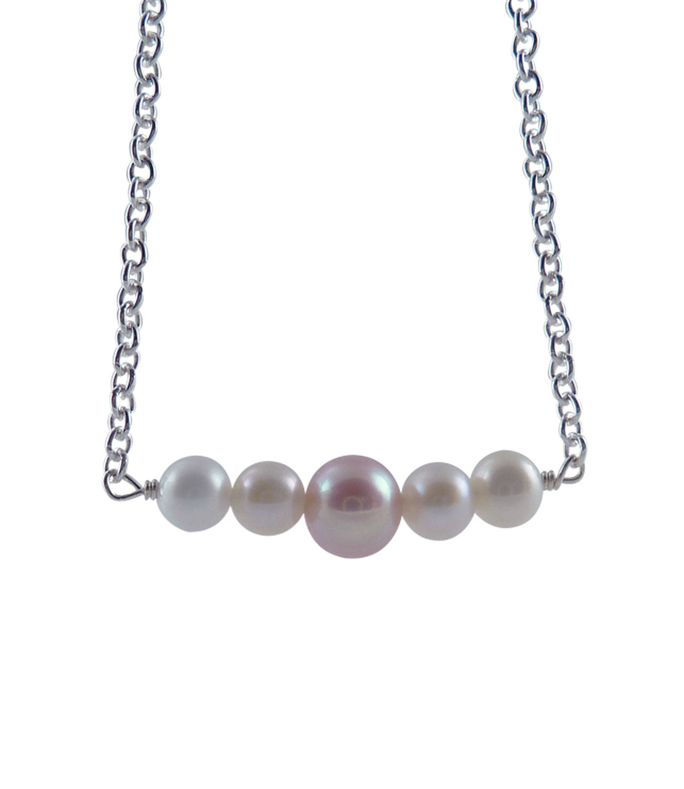 Pearl necklace white pearls on chain. Modern pearl jewelry