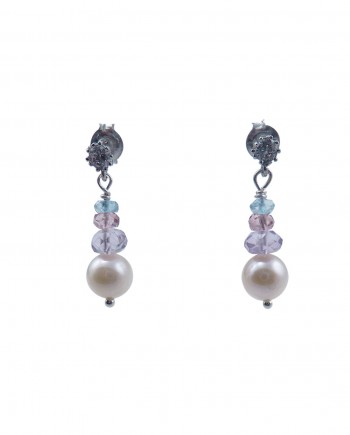 Delicate designer pearl earrings amethyst by Jewelry Olga Montreal Canada