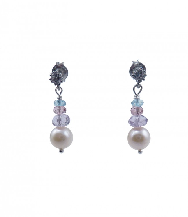 Delicate designer pearl earrings amethyst, pink quartz, blue topaz