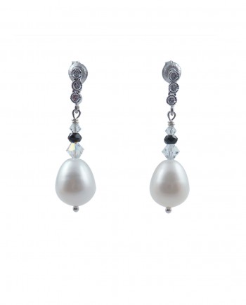 Pearl earrings rock quartz and black spinel. Modern pearl jewelry by Jewelry Olga Montreal Canada