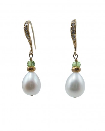Designer pearl earrings peridot drop shaped by Jewelry Olga Montreal Canada