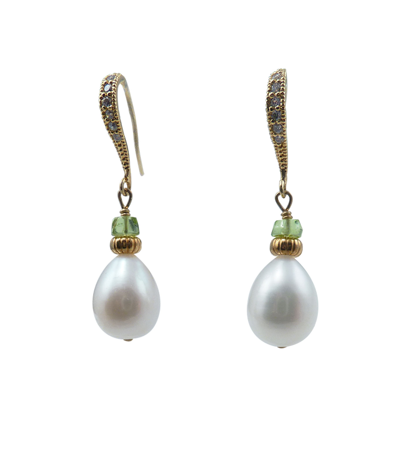 Designer pearl earrings peridot drop shaped white pearls