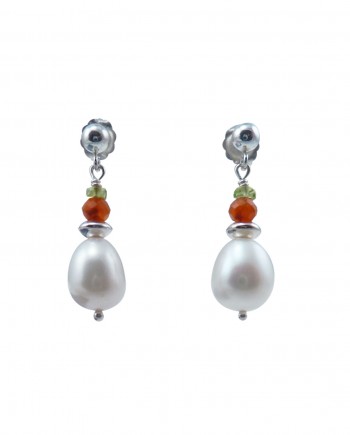 Pearl earrings drop-shaped pearls and carnelian. Modern pearl jewelry by Jewelry Olga Montreal Canada