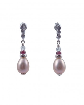 Designer pearl earrings, lavender-silvery by Jewelry Olga Montreal Canada