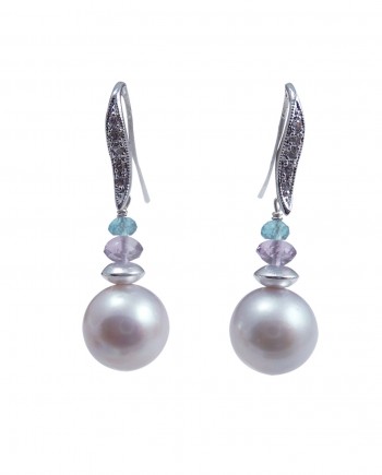 Designer pearl earrings, silvery-grey Chinese Kasumi by Jewelry Olga Montreal Canada