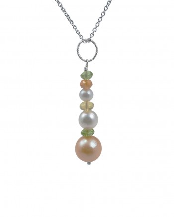 Pearl pendant necklace gems accent. Modern pearl jewelry designed and created by Jewelry Olga Montreal Canada