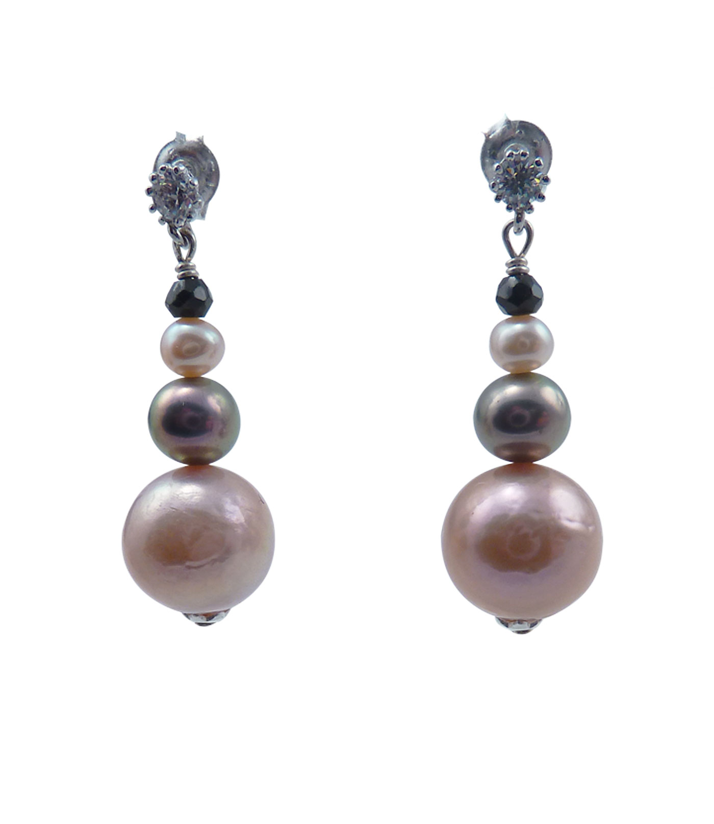Designer pearl earrings pink silvery bluish pearls with black spinel
